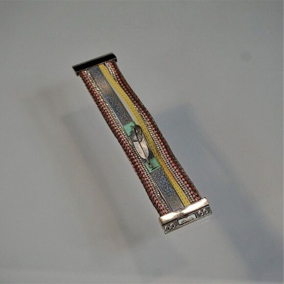 Feather Charm Faux Leather Wrap Bracelet Bling Multi Layer With Magnetic Clasp - Picture 7 of 8